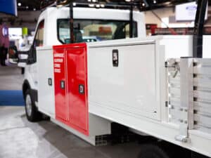 Knapheide Aluminum Combo Body On Ford E Transit NTEA Work Truck Show 2025 Open Horizontal Compartment