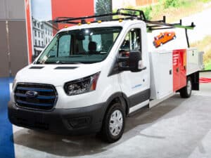 Knapheide Aluminum Combo Body On Ford E Transit NTEA Work Truck Show 2025 Front Corner