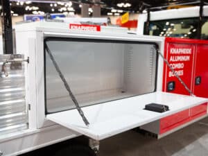 Knapheide Aluminum Combo Body On Ford E Transit NTEA Work Truck Show 2025 Open Horizontal Compartment