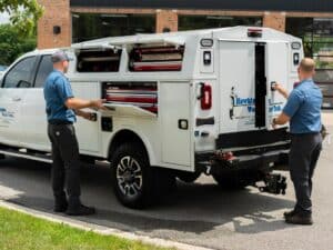 Hawkins Water Tech Enclosed Service Truck Field Technicians Opening Compartments And Cargo Area
